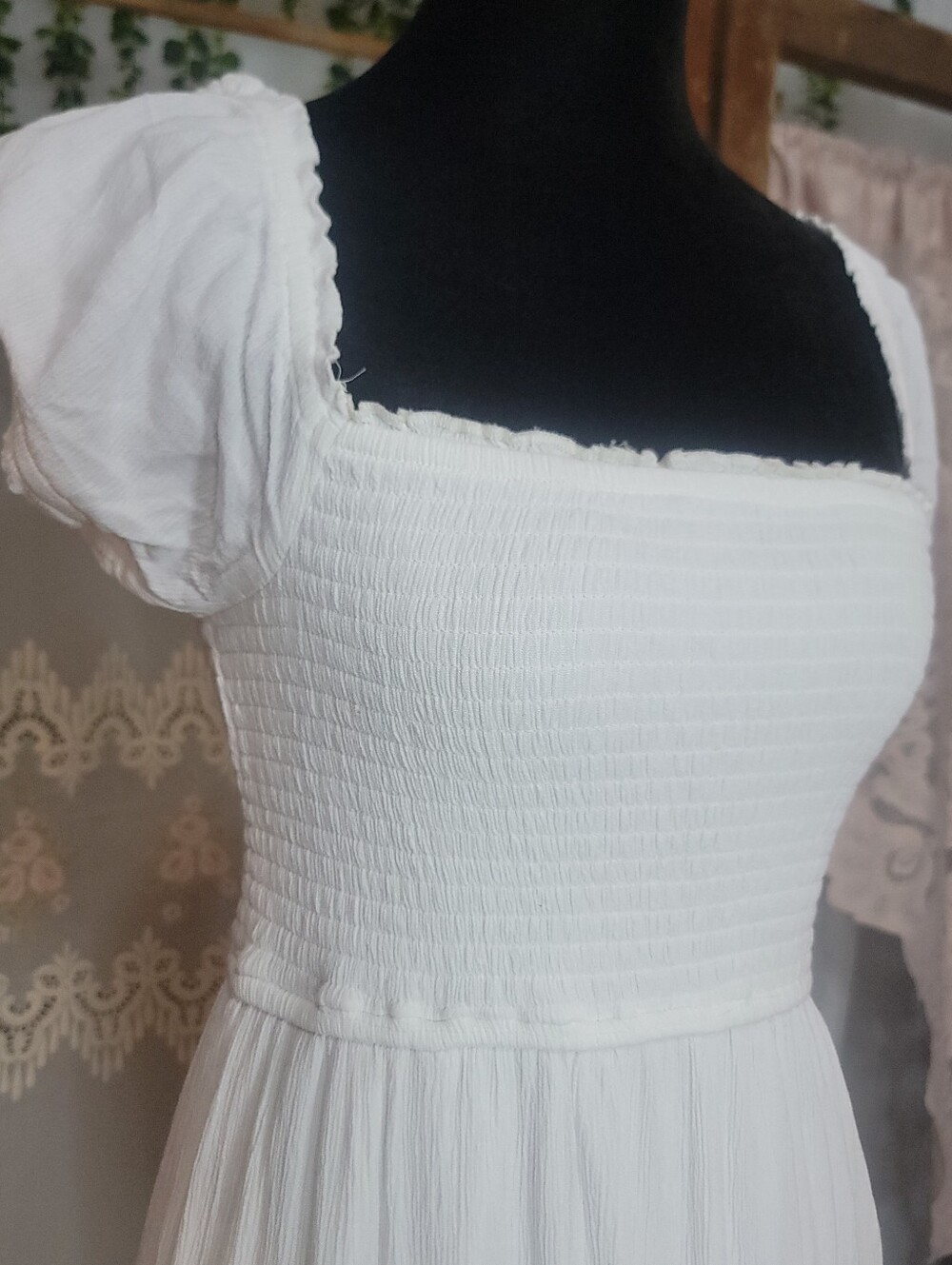 White Smocked Midi Dress with Puff Sleeves | Cottagecore Boho Indie Festival - Picture 4 of 11